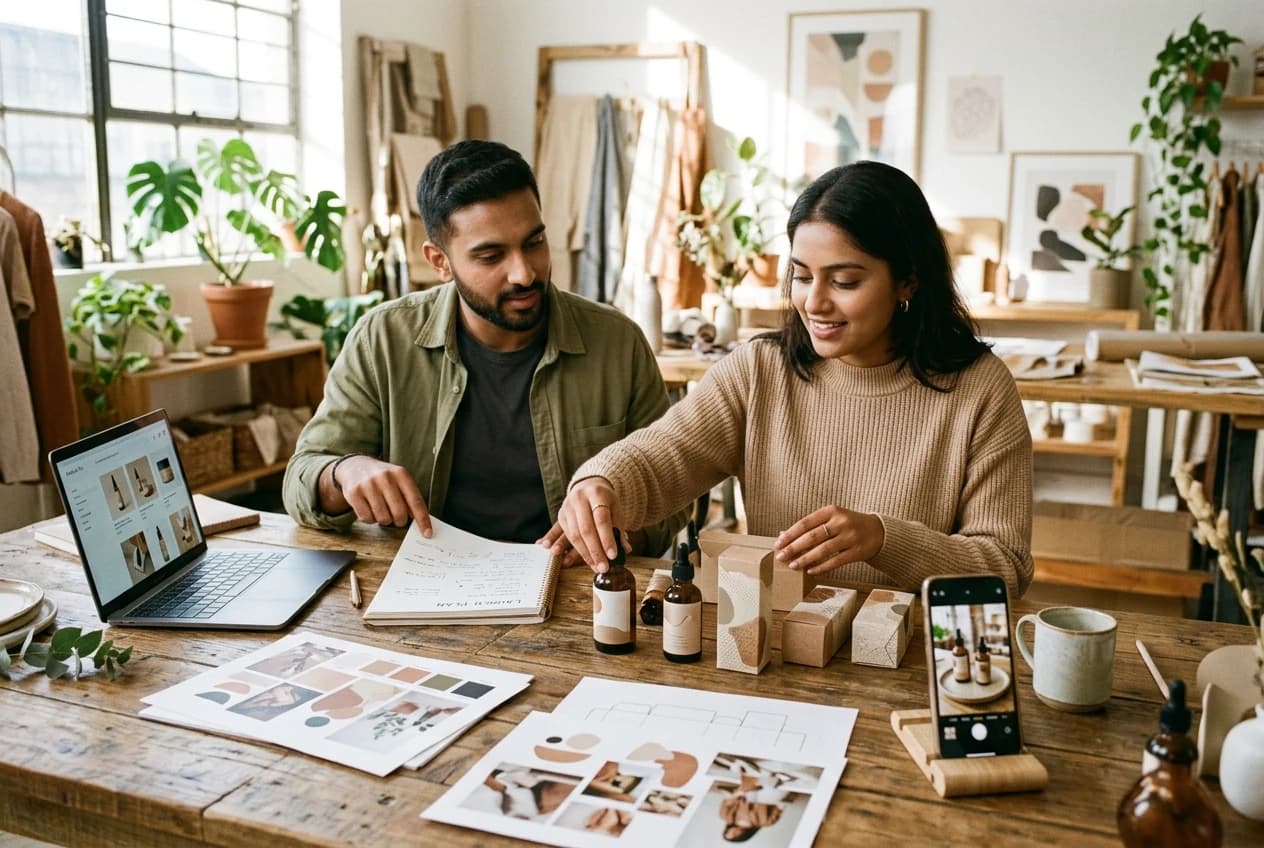 Young entrepreneurs developing and packaging physical lifestyle brand products for an upcoming launch