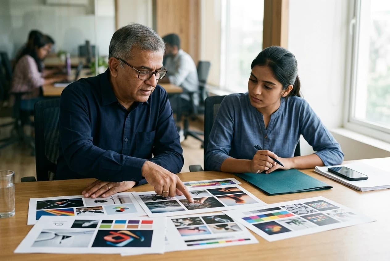 Marketing strategist and specialist thoughtfully conducting a pre-publication review of advertising campaign proofs