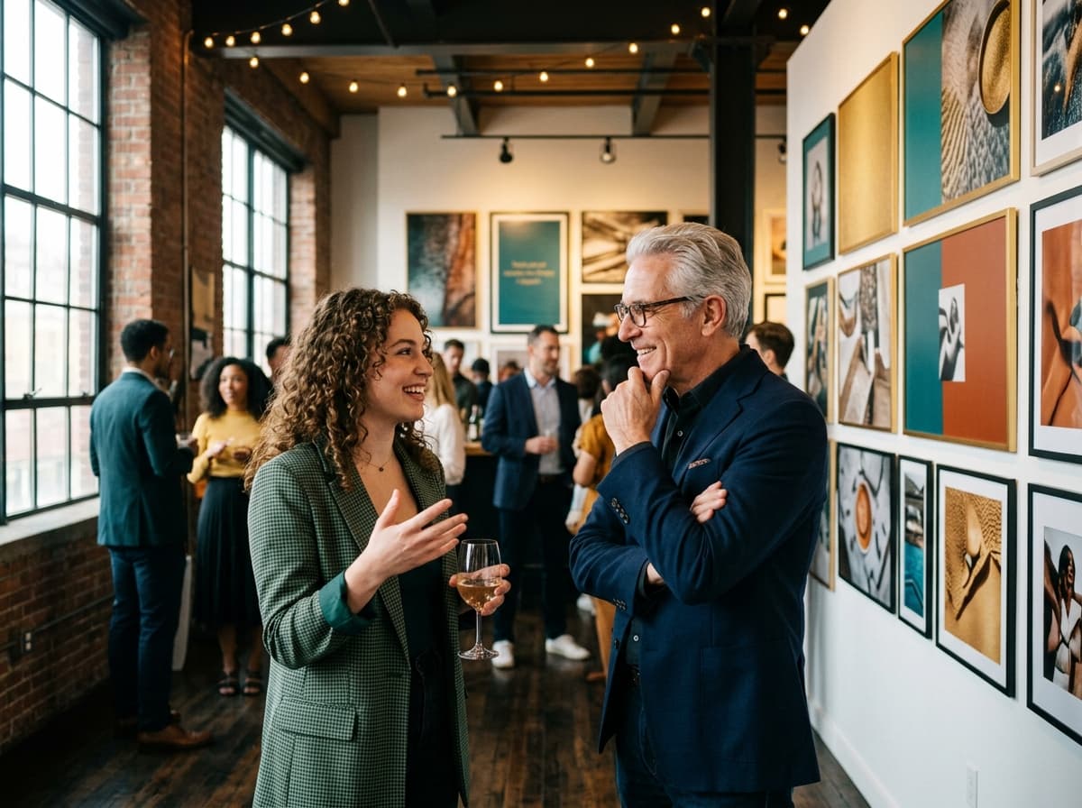 Young marketing graduates and industry professionals networking at an agency creative gallery showcase