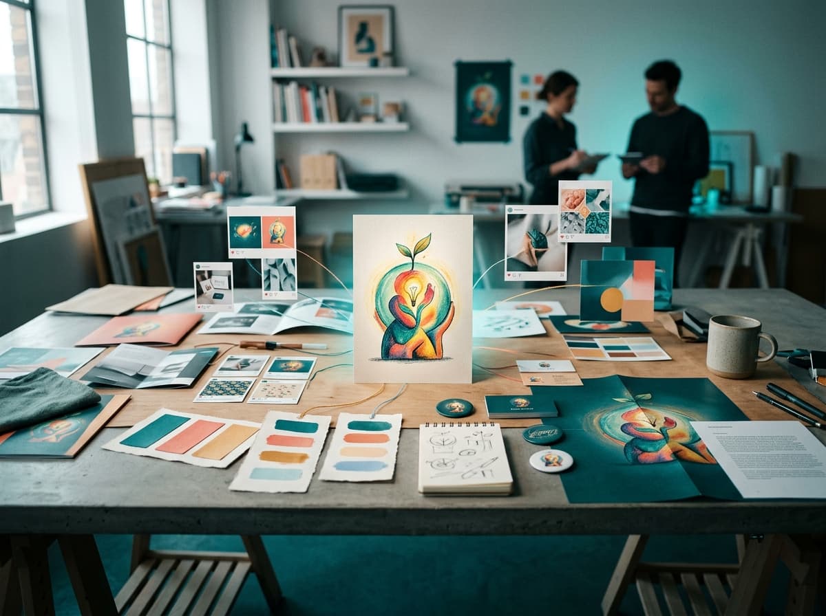 Central creative concept expanding into multi-channel campaign formats with ambient light in an agency studio