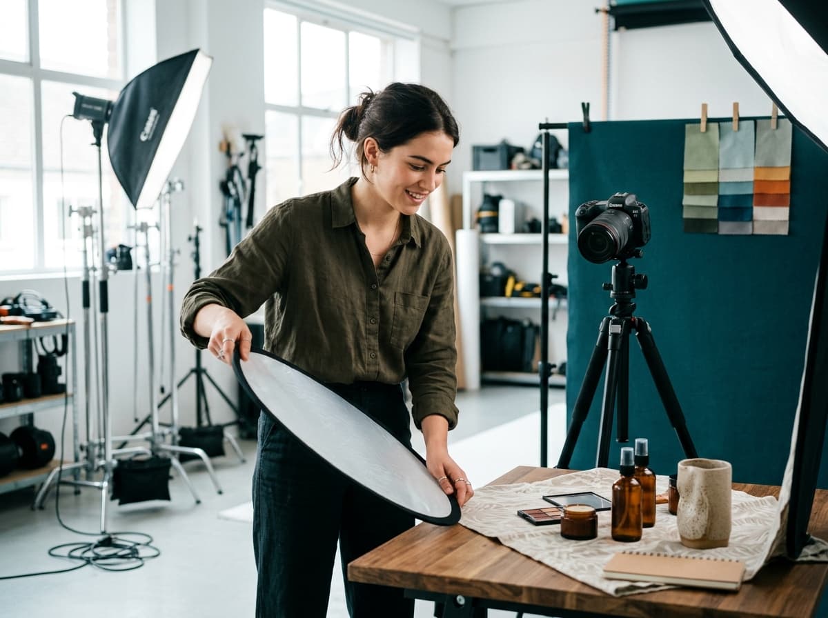 Marketer actively directing a product photoshoot setup with camera and studio lighting in a creative workspace