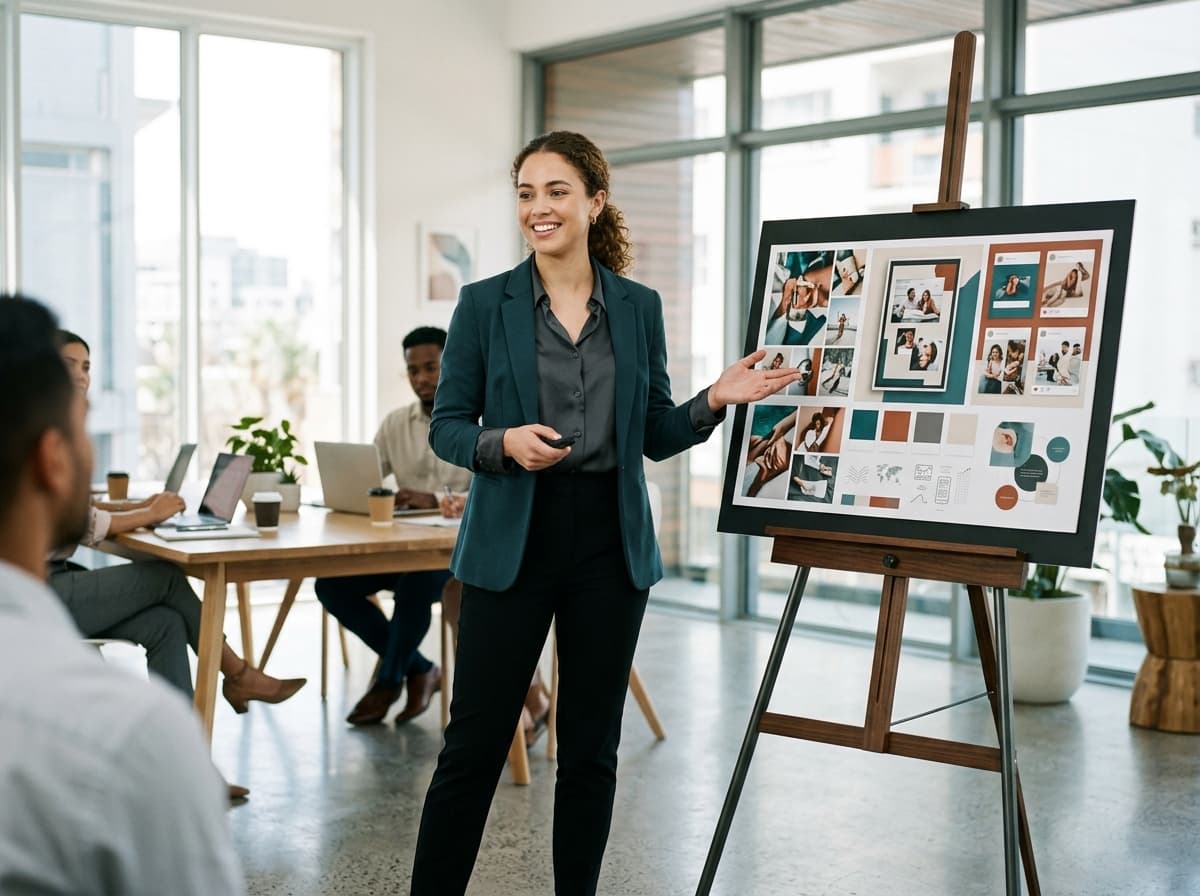 Young marketing professional presenting a completed campaign portfolio on an easel in a client room
