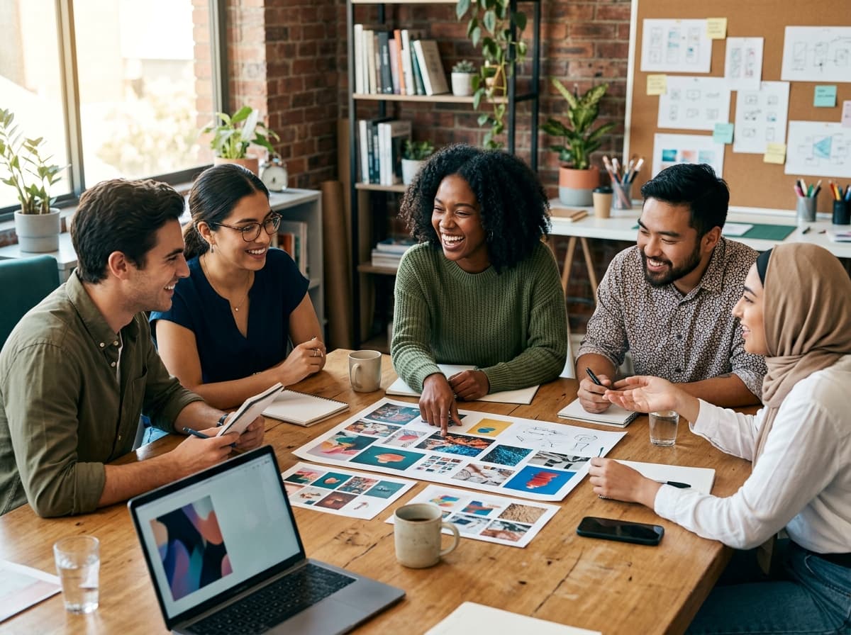 Collaborative marketing team reviewing creative campaign materials together around a studio table