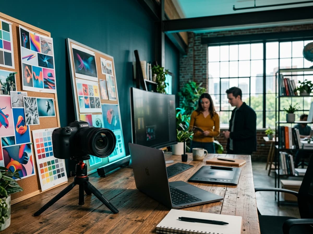 Modern marketing agency workspace with digital campaign formats, camera setup and creative assets