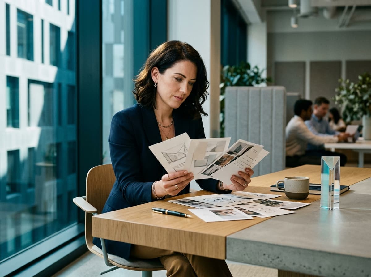 Marketing strategist thoughtfully examining creative concept variations with subtle ambient light