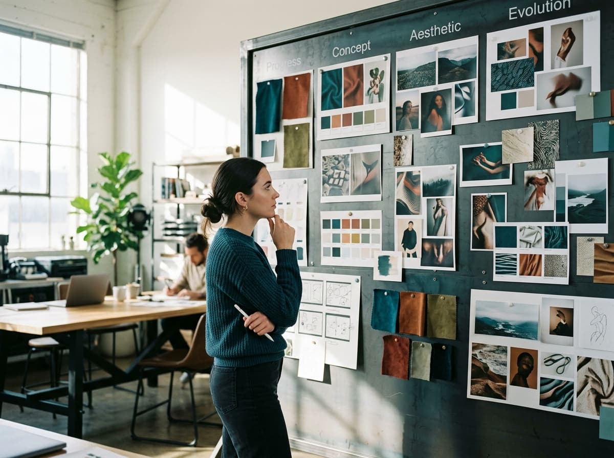 Strategist studying the visual evolution and adaptability of multi-stage campaign concepts on a studio wall
