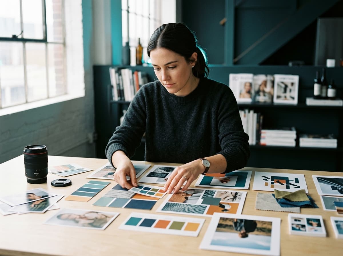 Marketer developing a multi-channel campaign strategy with mood boards, color swatches and camera gear